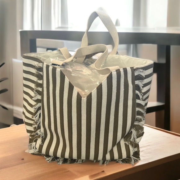Handbags - White & Dark beige striped tote with fringe. New from my boutique.